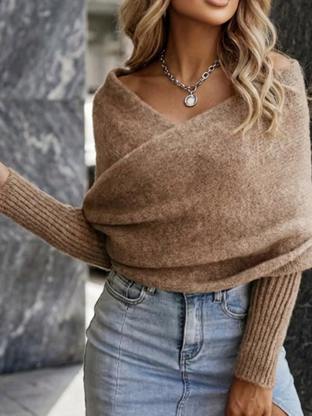 Khaki Casual Women's Deep off shoulder Knit Long Sleeve Pullover - Picture 2 of 6